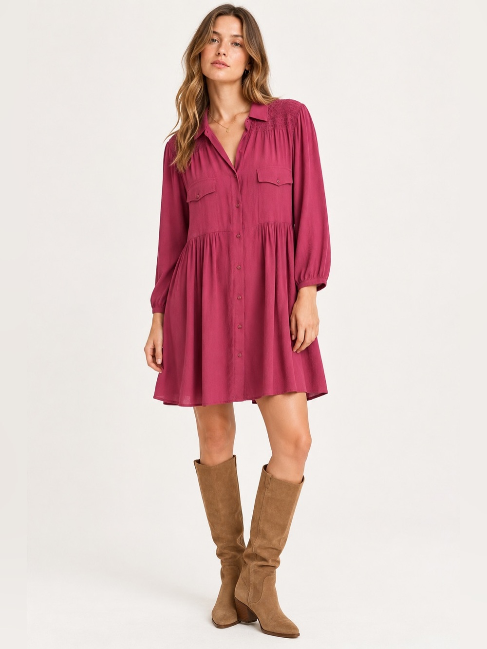 ba&sh Gocea Bordeaux Smocked Button Front Shirt Dress Size 1 US 6